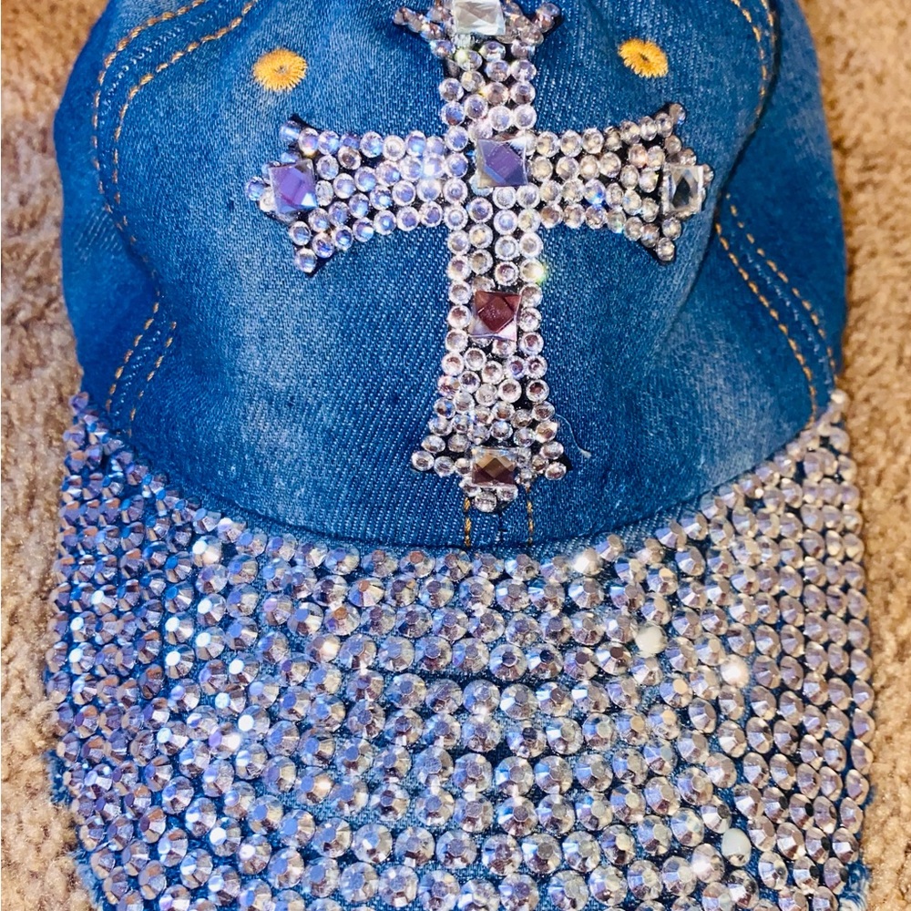 Y2k Rhinestone Distressed Denim Baseball Cap - Picture 3 of 4
